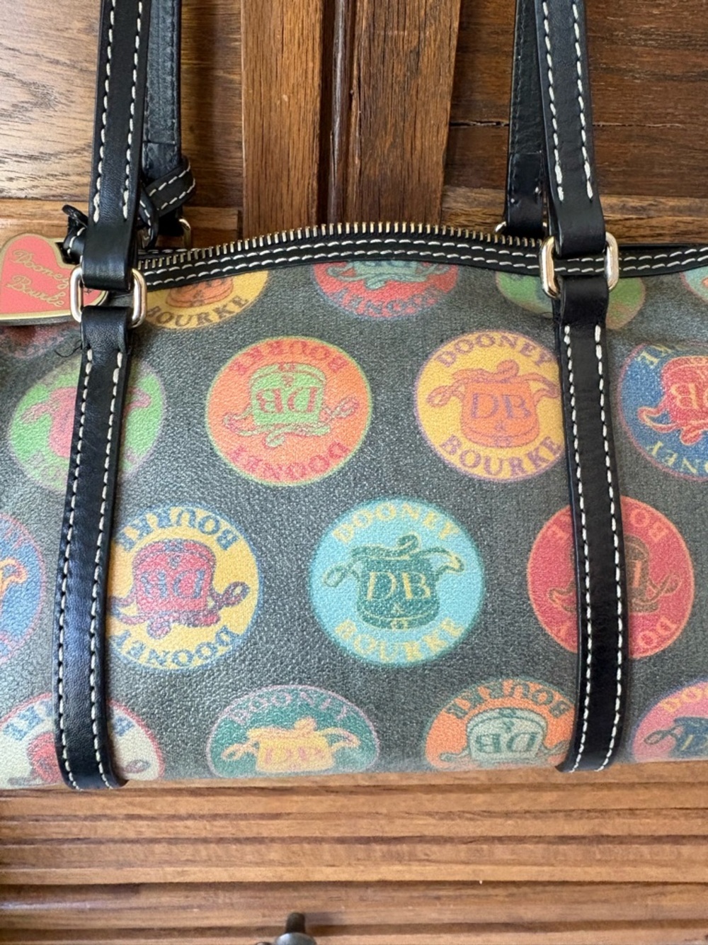Dooney & Bourke Black/Multicolor Hearts/Letters Barrel Shoulder Bag Black Trim - Picture 4 of 13